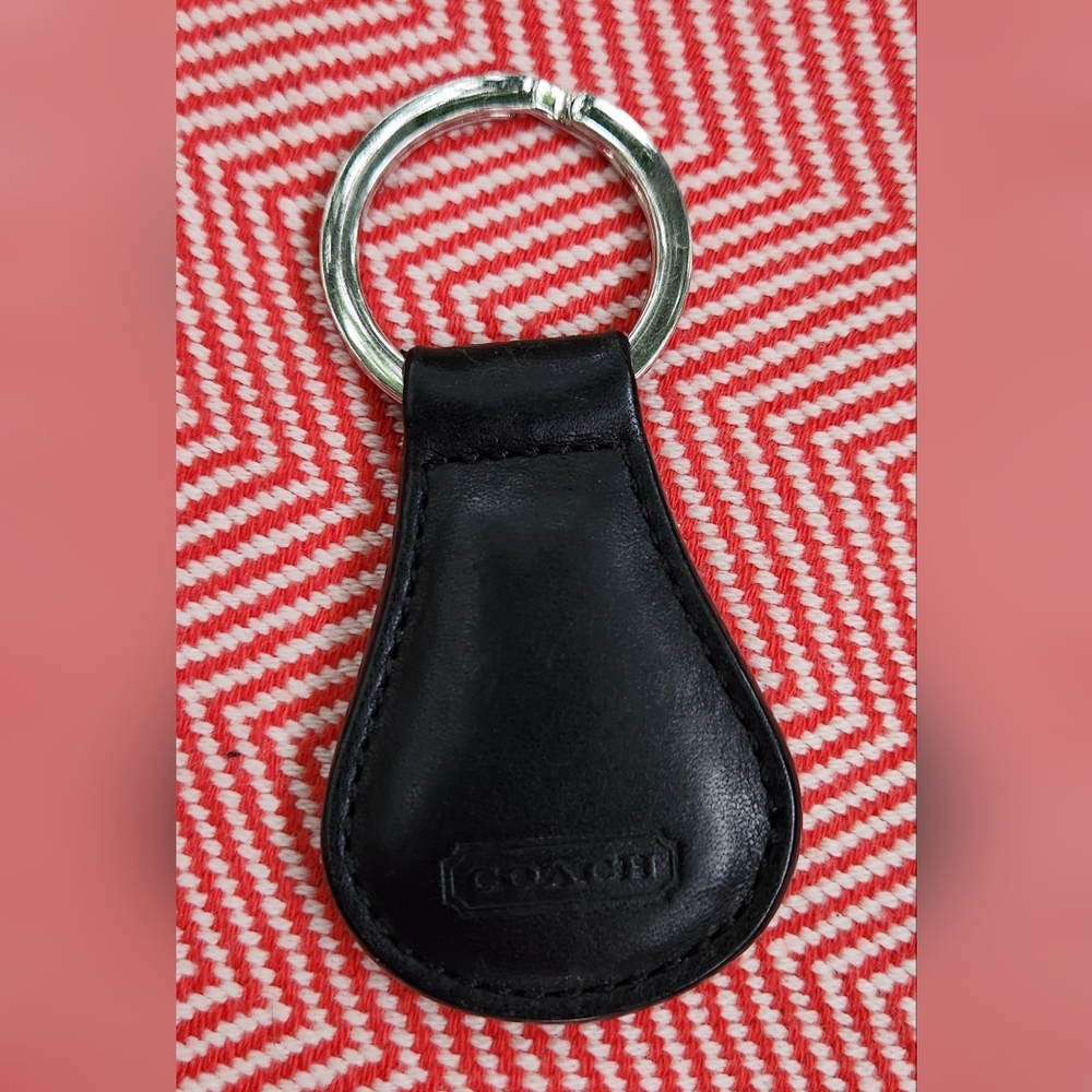Coach black leather original keyfob teardrop‎ silver keyring